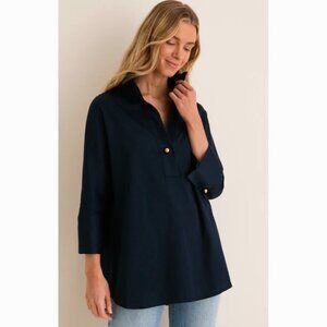 Tuckernuck Navy Willow Blouse Women’s size XXL Navy Gold Buttons Cotton Poplin